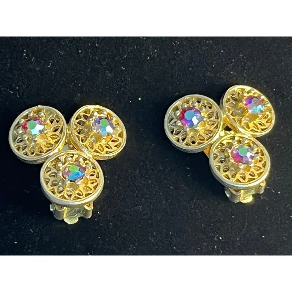 VTG Coro Clip On Earrings Gold Tone Rhinestones Three Circles Signed